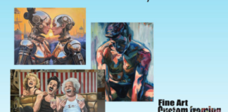 Collage of four artworks (two robotic portraits, an abstract blue figure, and a vintage laughing family scene) with a Fine Art Custom Framing logo in the corner.