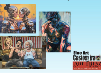 Business Profile: Art Frenzie – A Wilton Drive Treasure Built on Creativity & Community Collage of four artworks (two robotic portraits, an abstract blue figure, and a vintage laughing family scene) with a Fine Art Custom Framing logo in the corner.