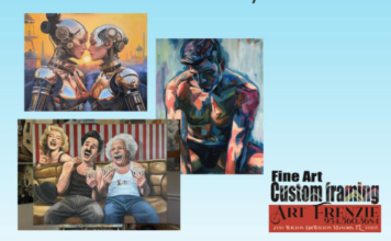 Business Profile: Art Frenzie – A Wilton Drive Treasure Built on Creativity & Community Collage of four artworks (two robotic portraits, an abstract blue figure, and a vintage laughing family scene) with a Fine Art Custom Framing logo in the corner.