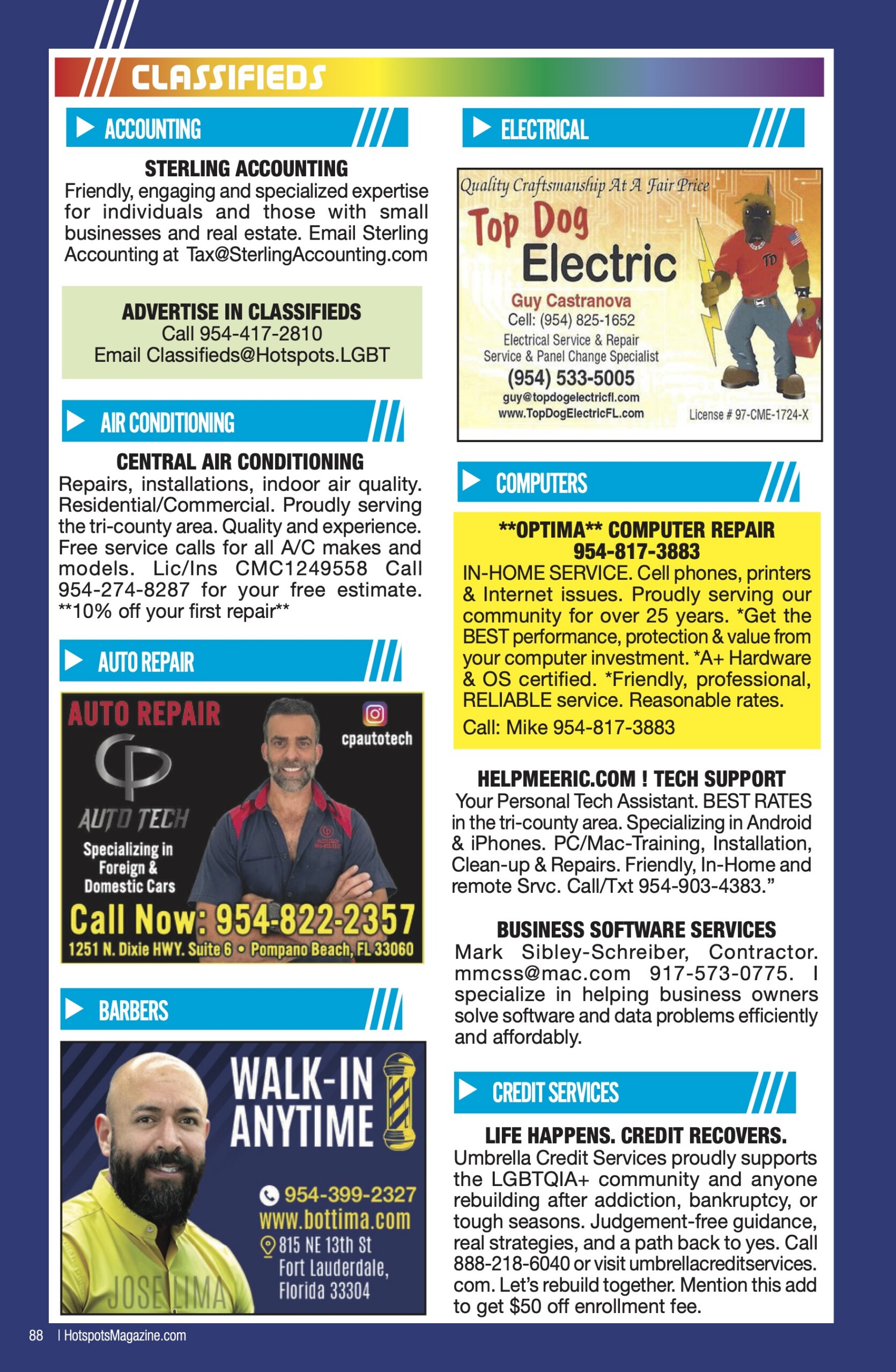 Two-column classifieds page with blue category banners for accounting, electrical, air conditioning, and computers in a dark blue frame (Hotspots Magazine).