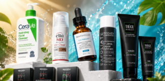 Assorted skincare products on a white pedestal with a bright splashy background, featuring CeraVe cleanser, EltaMD UV Clear, Skinceuticals CE Ferulic, Paula's Choice exfoliant, and Tiëge/Brickell tubes and boxes.