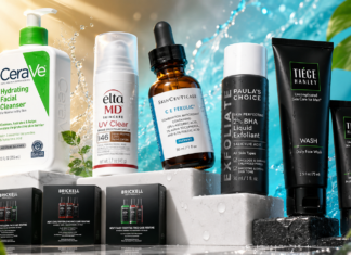 What are the ten best products for mens skincare? Assorted skincare products on a white pedestal with a bright splashy background, featuring CeraVe cleanser, EltaMD UV Clear, Skinceuticals CE Ferulic, Paula's Choice exfoliant, and Tiëge/Brickell tubes and boxes.