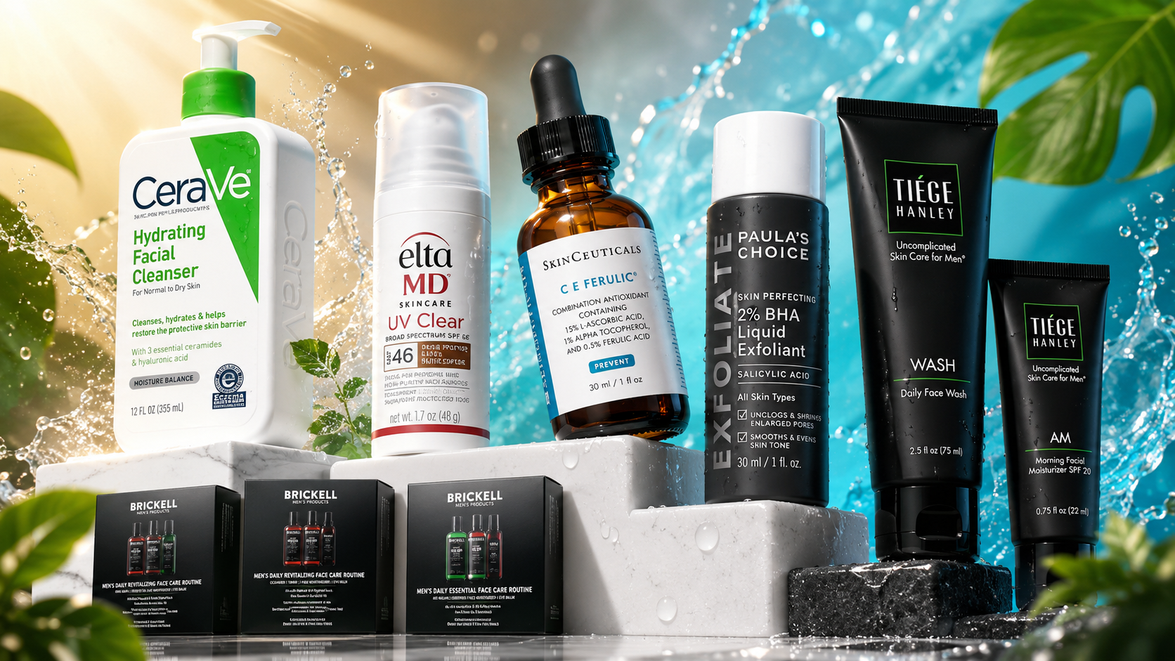 image Assorted skincare products on a white pedestal with a bright splashy background, featuring CeraVe cleanser, EltaMD UV Clear, Skinceuticals CE Ferulic, Paula's Choice exfoliant, and Tiëge/Brickell tubes and boxes.