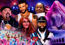 Collage of performers at a tropical beach party: singer at a mic, a bearded man, a redheaded woman, and a woman in a pink veil with flamingo inflatables nearby.