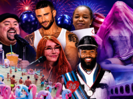 Collage of performers at a tropical beach party: singer at a mic, a bearded man, a redheaded woman, and a woman in a pink veil with flamingo inflatables nearby.