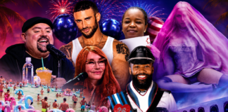 What’s Hot South Florida: July 2 – July 15 Collage of performers at a tropical beach party: singer at a mic, a bearded man, a redheaded woman, and a woman in a pink veil with flamingo inflatables nearby.