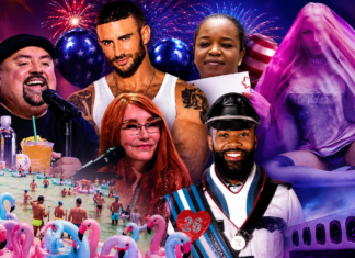 What’s Hot South Florida: July 2 – July 15 Collage of performers at a tropical beach party: singer at a mic, a bearded man, a redheaded woman, and a woman in a pink veil with flamingo inflatables nearby.