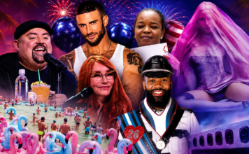 What’s Hot South Florida: July 2 – July 15 Collage of performers at a tropical beach party: singer at a mic, a bearded man, a redheaded woman, and a woman in a pink veil with flamingo inflatables nearby.