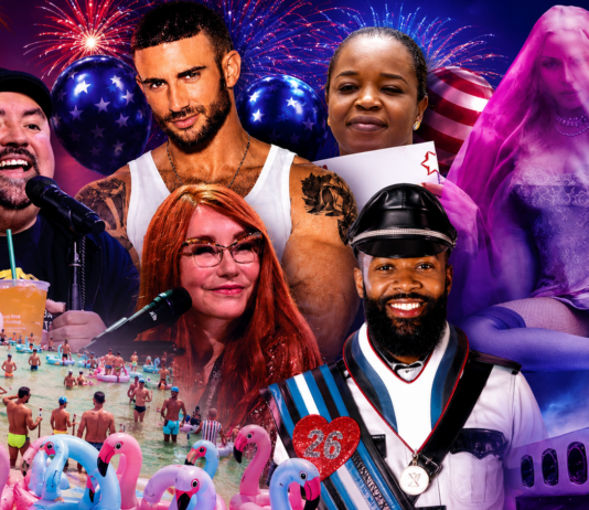 What’s Hot South Florida: July 2 – July 15 Collage of performers at a tropical beach party: singer at a mic, a bearded man, a redheaded woman, and a woman in a pink veil with flamingo inflatables nearby.