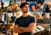 Collage of a man in multiple wellness scenes: running, healthy meal, sleeping, meditation, skincare, socializing, studying, and saving money.