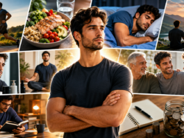 Collage of a man in multiple wellness scenes: running, healthy meal, sleeping, meditation, skincare, socializing, studying, and saving money.