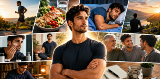 Collage of a man in multiple wellness scenes: running, healthy meal, sleeping, meditation, skincare, socializing, studying, and saving money.