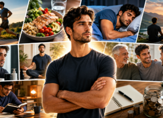The Top 10 Good Habits for Men for Self-Care Collage of a man in multiple wellness scenes: running, healthy meal, sleeping, meditation, skincare, socializing, studying, and saving money.