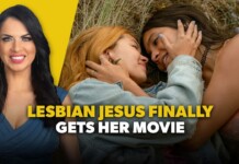 Thumbnail: two women kissing in a field; a smiling woman in blue on the left; bold yellow title text about a movie.
