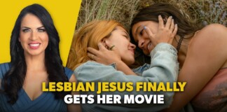 Thumbnail: two women kissing in a field; a smiling woman in blue on the left; bold yellow title text about a movie.