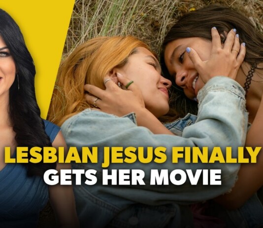 Thumbnail: two women kissing in a field; a smiling woman in blue on the left; bold yellow title text about a movie.