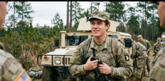 U.S. Army soldier in camouflage holding a rifle, standing in front of a beige military vehicle in a forest clearing.