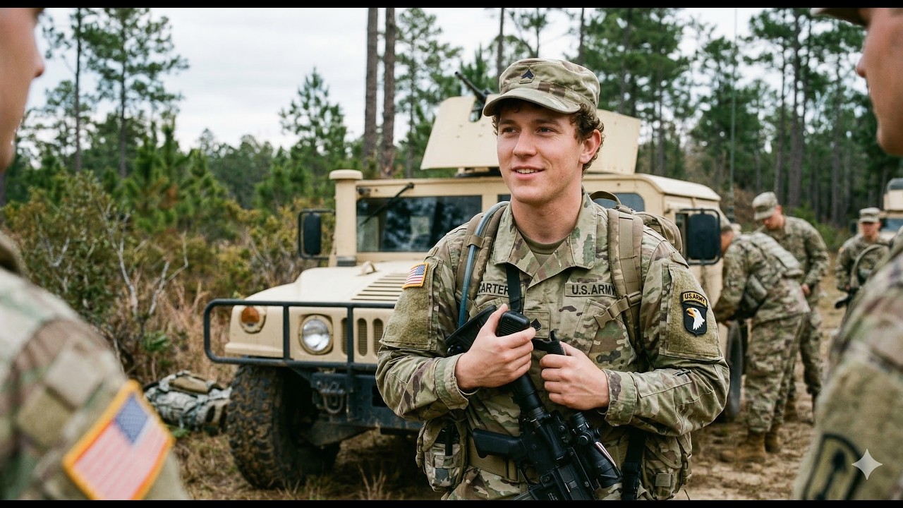 U.S. Army soldier in camouflage holding a rifle, standing in front of a beige military vehicle in a forest clearing.