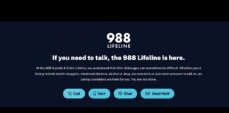 Dark blue hero with 988 Lifeline logo and message about talking, plus four rounded buttons: Call, Text, Chat, Deaf/HoH.
