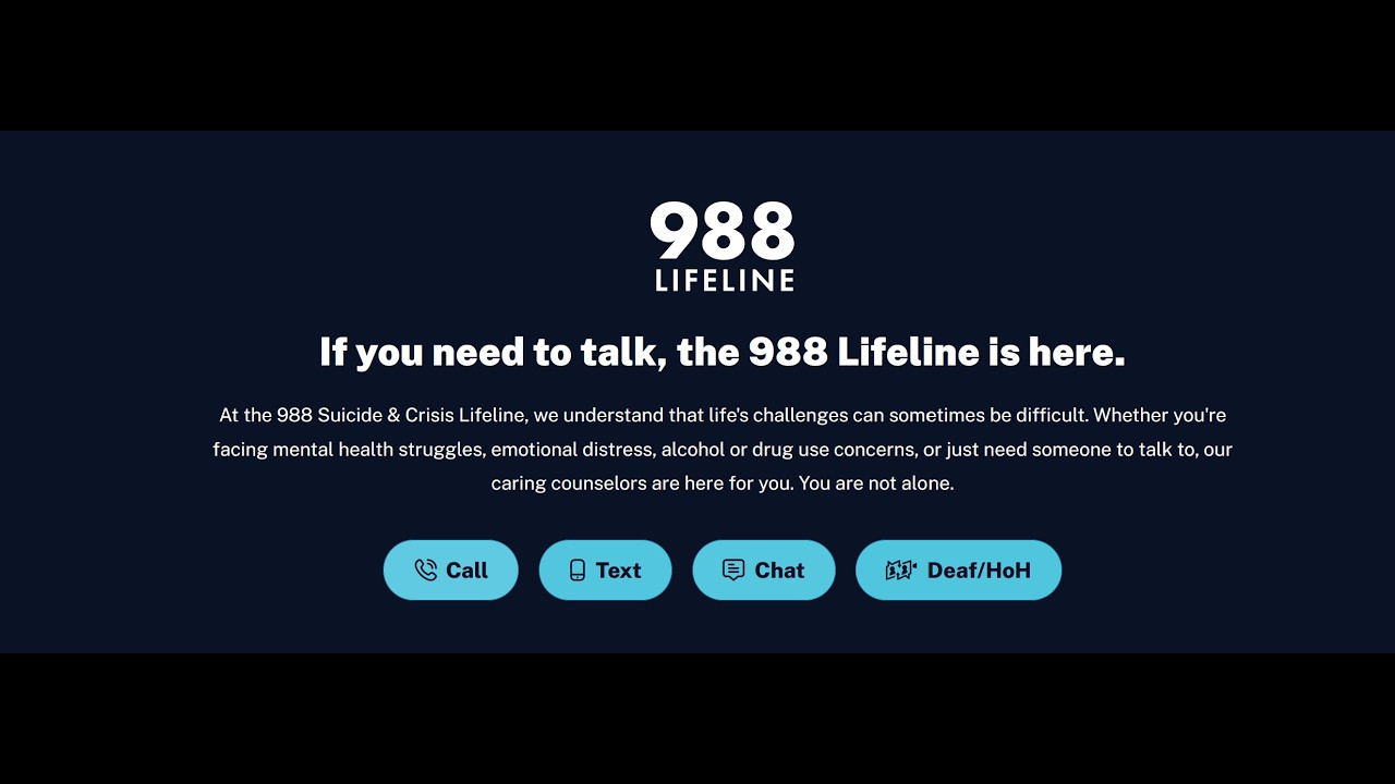 Dark blue hero with 988 Lifeline logo and message about talking, plus four rounded buttons: Call, Text, Chat, Deaf/HoH.