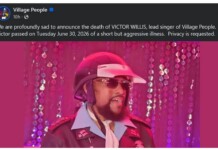 Facebook post announcing the death of Victor Willis; person on stage wearing a pink helmet, sunglasses, and retro outfit.