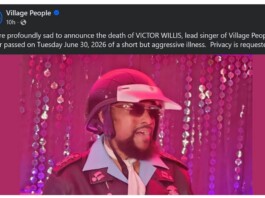 Village People Frontman Victor Willis Dies at 74 After Short but Aggressive Illness Facebook post announcing the death of Victor Willis; person on stage wearing a pink helmet, sunglasses, and retro outfit.
