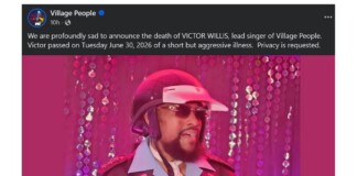 Facebook post announcing the death of Victor Willis; person on stage wearing a pink helmet, sunglasses, and retro outfit.