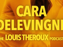 Cara Delevingne Confirms Past Romance With Amber Heard After Depp Divorce Bright orange podcast cover with bold yellow text reading 'CARA DELEVINGNE' and 'THE LOUIS THEROUX PODCAST'.