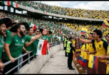 Energetic soccer fans in green Mexico jerseys chant at a stadium barrier, with Mexican and Ecuadorian flags nearby.