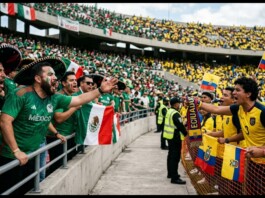 Mexico World Cup Match Overshadowed by Homophobic Chant Energetic soccer fans in green Mexico jerseys chant at a stadium barrier, with Mexican and Ecuadorian flags nearby.