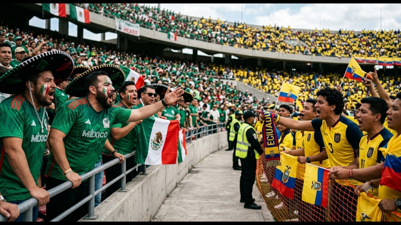 Energetic soccer fans in green Mexico jerseys chant at a stadium barrier, with Mexican and Ecuadorian flags nearby.