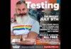 Free HIV, Syphilis & Hepatitis C Testing at Bear Cave, July 9 Promotional poster: bearded man in a rainbow heart shirt, with a bold 'Testing' headline and July 9 event details to the right.