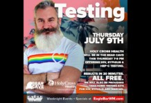 Promotional poster: bearded man in a rainbow heart shirt, with a bold 'Testing' headline and July 9 event details to the right.