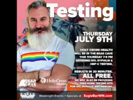 Free HIV, Syphilis & Hepatitis C Testing at Bear Cave, July 9 Promotional poster: bearded man in a rainbow heart shirt, with a bold 'Testing' headline and July 9 event details to the right.