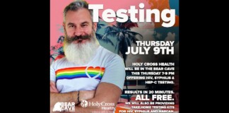 Promotional poster: bearded man in a rainbow heart shirt, with a bold 'Testing' headline and July 9 event details to the right.