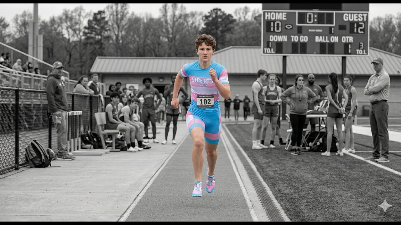 Runner in a blue-pink uniform sprinting on a track with bib 102, as spectators watch from the sidelines.
