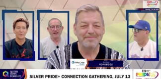 Studio TV show scene with four blue-framed panels around a smiling host; left and right panels show guests; bottom banner reads 'SILVER PRIDE+ CONNECTION GATHERING, JULY 13' with logos.