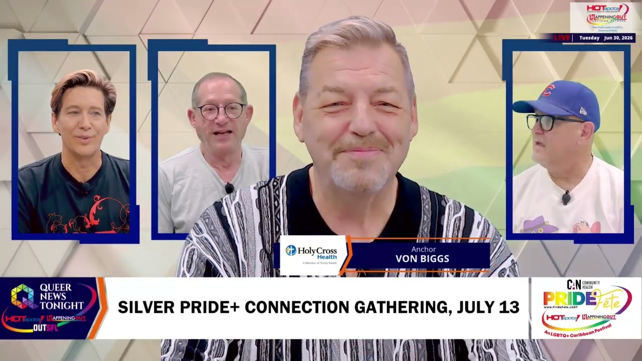 Studio TV show scene with four blue-framed panels around a smiling host; left and right panels show guests; bottom banner reads 'SILVER PRIDE+ CONNECTION GATHERING, JULY 13' with logos.