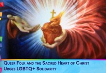 Religious artwork of Jesus presenting the Sacred Heart, crowned with thorns, rays of light emanating from behind him.
