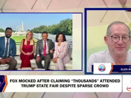 Fox Mocked After Claiming “Thousands” Attended Trump State Fair Despite Sparse Crowd Split-screen broadcast: left panel shows four hosts seated outdoors with a ferris wheel in the background; right panel shows anchor Glen Weinzimmer in a studio with a lower-third label; bottom ticker about FOX mocking thousands at a Trump state fair.