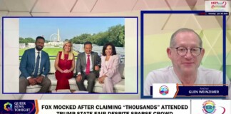 Split-screen broadcast: left panel shows four hosts seated outdoors with a ferris wheel in the background; right panel shows anchor Glen Weinzimmer in a studio with a lower-third label; bottom ticker about FOX mocking thousands at a Trump state fair.