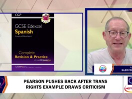 Pearson Pushes Back After Trans Rights Example Draws Criticism Television news screenshot: left shows a GCSE Edexcel Spanish revision book; right shows a male host with round glasses in a framed panel.
