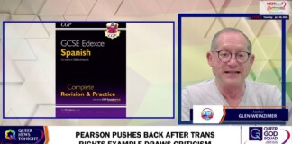 Television news screenshot: left shows a GCSE Edexcel Spanish revision book; right shows a male host with round glasses in a framed panel.
