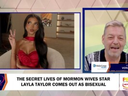 The Secret Lives of Mormon Wives Star Layla Taylor Comes Out as Bisexual Split-screen TV interview: woman in red dress on left making a peace sign; host on right with 'Von Biggs' banner and a news headline about Layla Taylor coming out as bisexual.