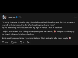 Ruby Rose suffers two broken ribs in painful pool accident Instagram post by Ruby Rose about injuries from returning to Batwoman, describing broken ribs and feeling unable to move, asking for recommendations.