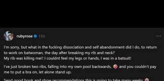Instagram post by Ruby Rose about injuries from returning to Batwoman, describing broken ribs and feeling unable to move, asking for recommendations.