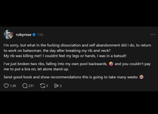Ruby Rose suffers two broken ribs in painful pool accident Instagram post by Ruby Rose about injuries from returning to Batwoman, describing broken ribs and feeling unable to move, asking for recommendations.