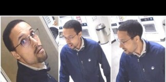 Three-panel sequence of a man with glasses in a navy jacket in an elevator, captured from different angles.