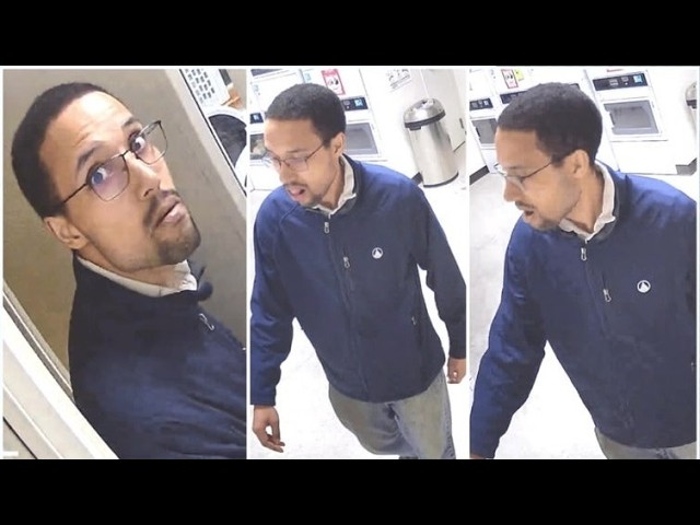 Three-panel sequence of a man with glasses in a navy jacket in an elevator, captured from different angles.