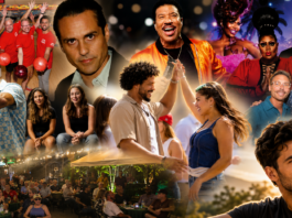 Collage showing a lively party: bowling, live music, dancers, drag performers, and a crowded outdoor dining scene.